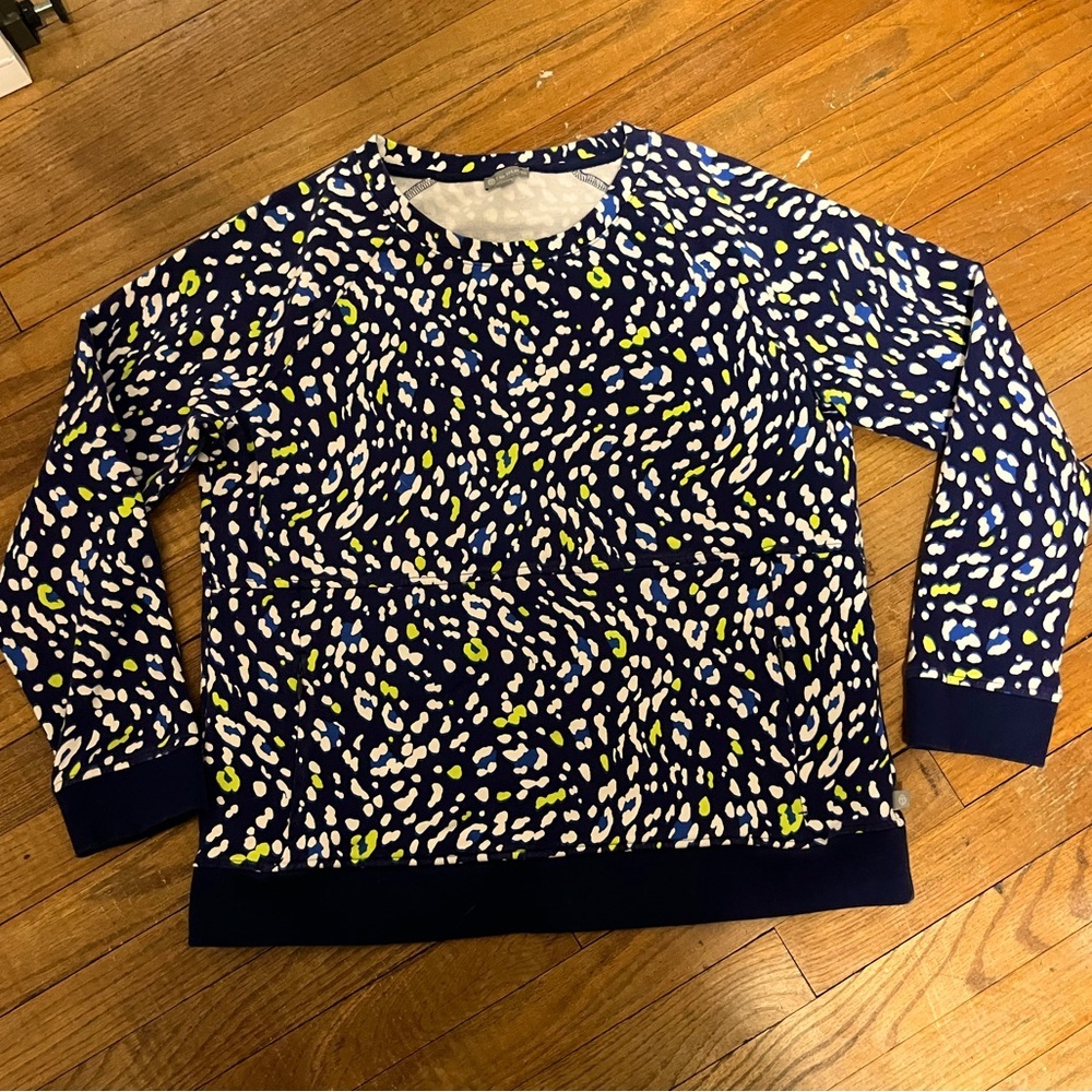Talbots Large Top Navy Background White Lime Print Zipper Sudd Pockets